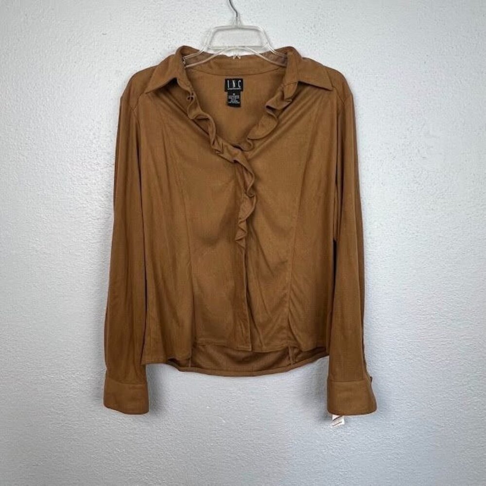 NWT INC International Concepts Women's Brown Moleskin Button Up Blouse Size 12